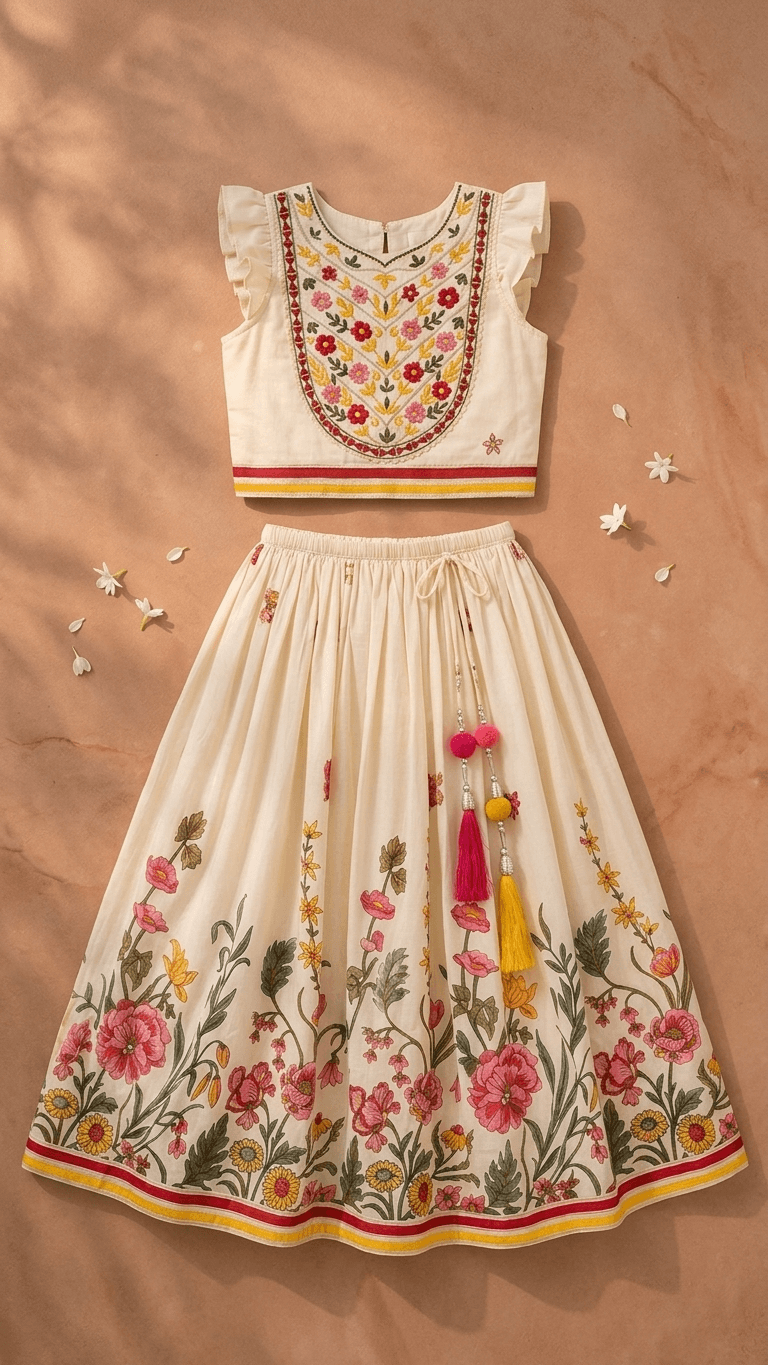 Girls Cream & Pink Floral Embroidered Lehenga Choli Set | Kids Flutter Sleeve Traditional Festive Wear Dress