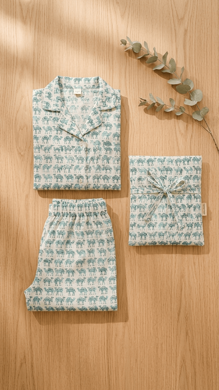 Satrangi House Kids 100% Pure Cotton Woven Full-Sleeve Teal Camel Print Night Suit Pajama Set with Travel Pouch