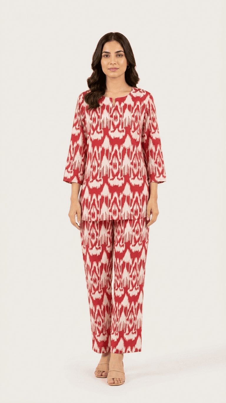 Women's Crimson Red Ikat Cotton Lounge Set