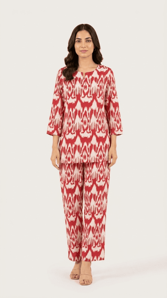 Women's Crimson Red Ikat Cotton Lounge Set