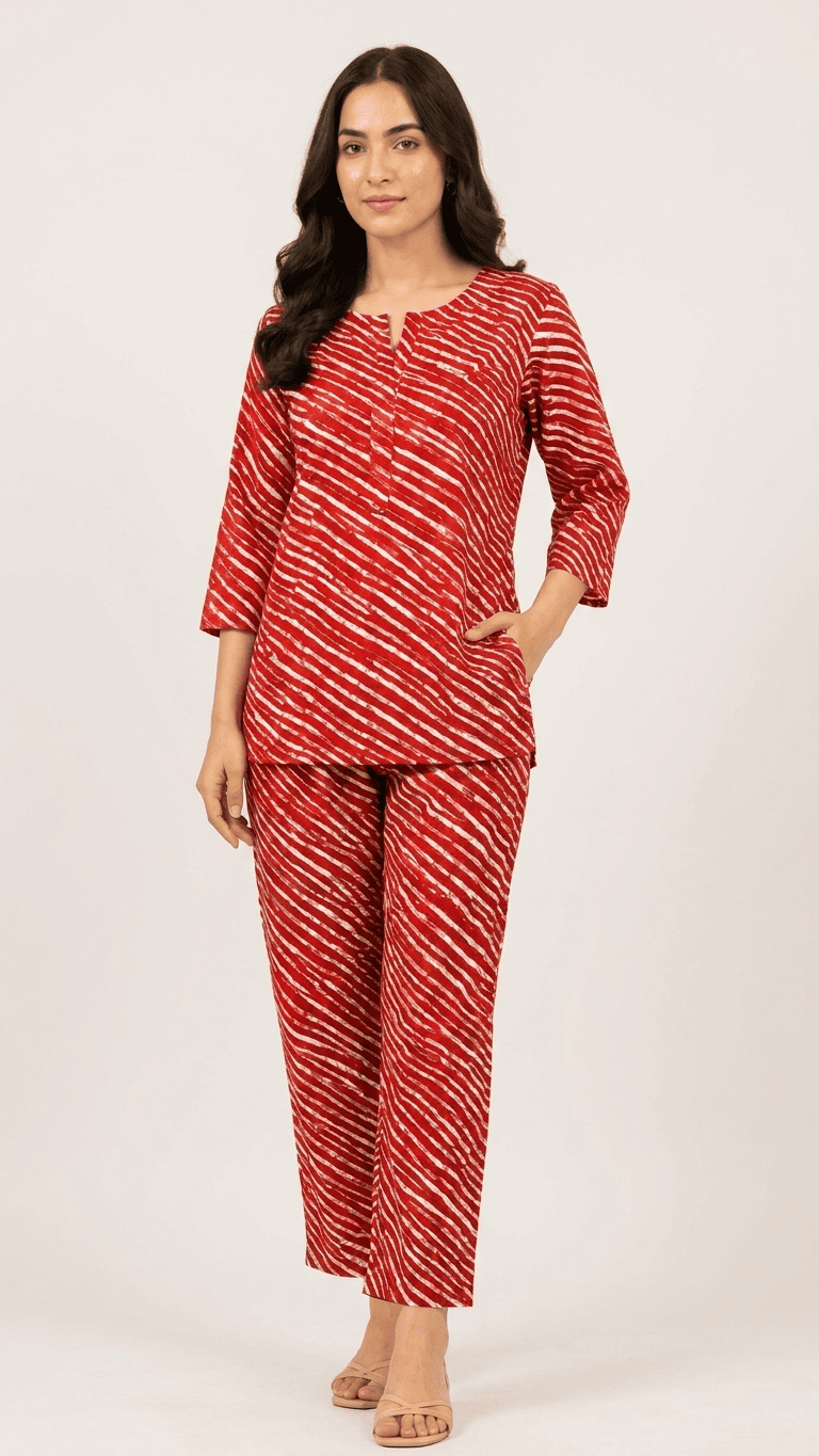 Women's Crimson Red Leheriya Cotton Lounge Set