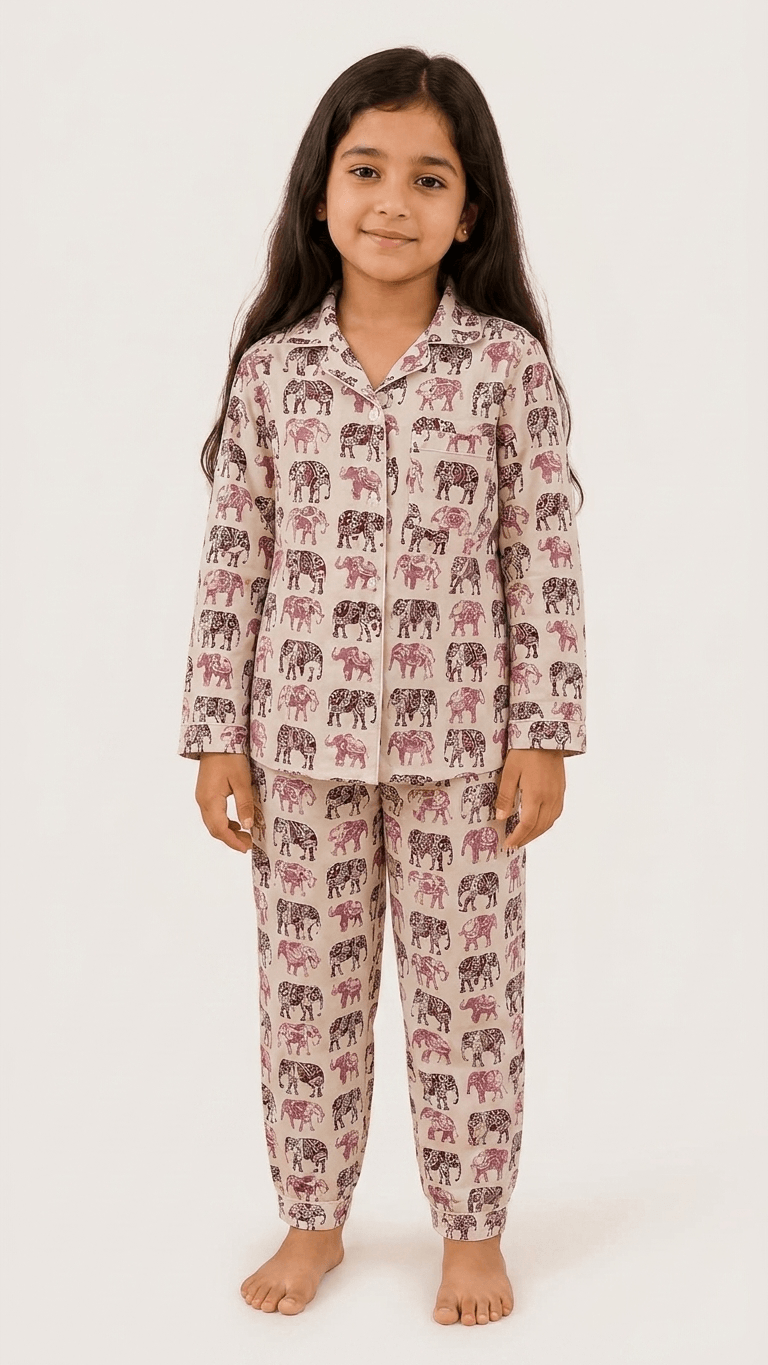 Satrangi House Kids 100% Pure Cotton Woven Full-Sleeve Maroon Elephant Print Night Suit Pajama Set with Travel Pouch - Grl-935