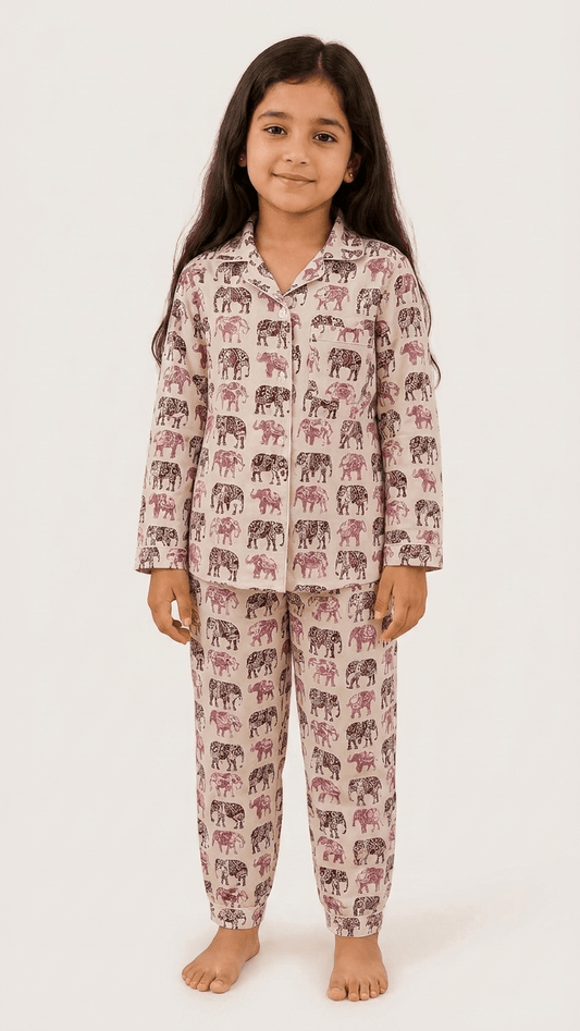 Satrangi House Kids 100% Pure Cotton Woven Full-Sleeve Maroon Elephant Print Night Suit Pajama Set with Travel Pouch - Grl-935