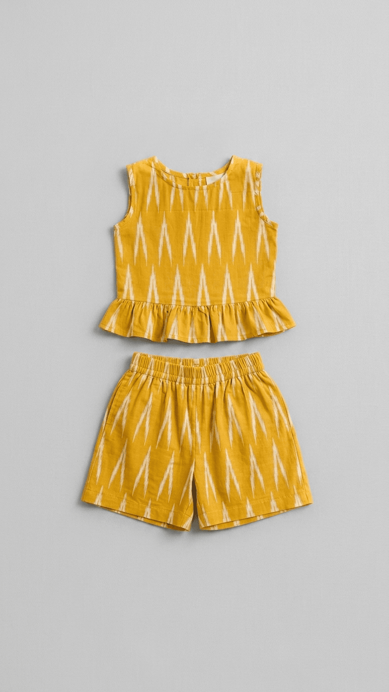 Mustard Ikat Frill Top & Shorts Set