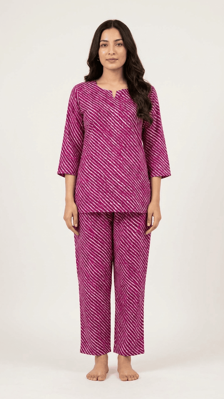 Women's Magenta Purple Leheriya Cotton Lounge Set