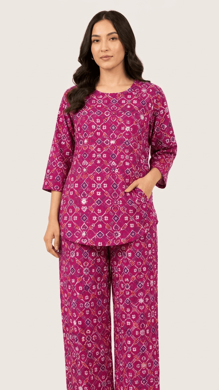 Women's Magenta Patola Cotton Lounge Set