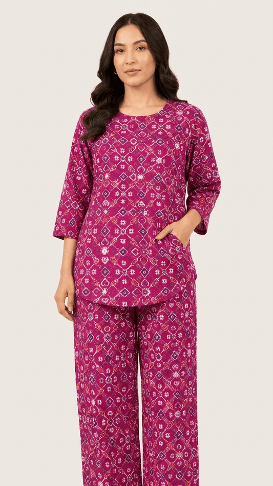 Women's Magenta Patola Cotton Lounge Set