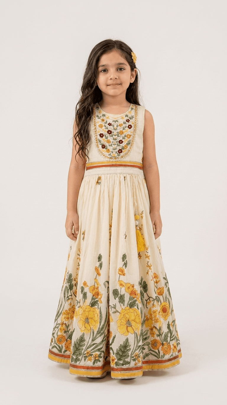 Girls Cream Floral Embroidered Ethnic Lehenga Gown Set | Kids Cotton Traditional Festive Wear Dress