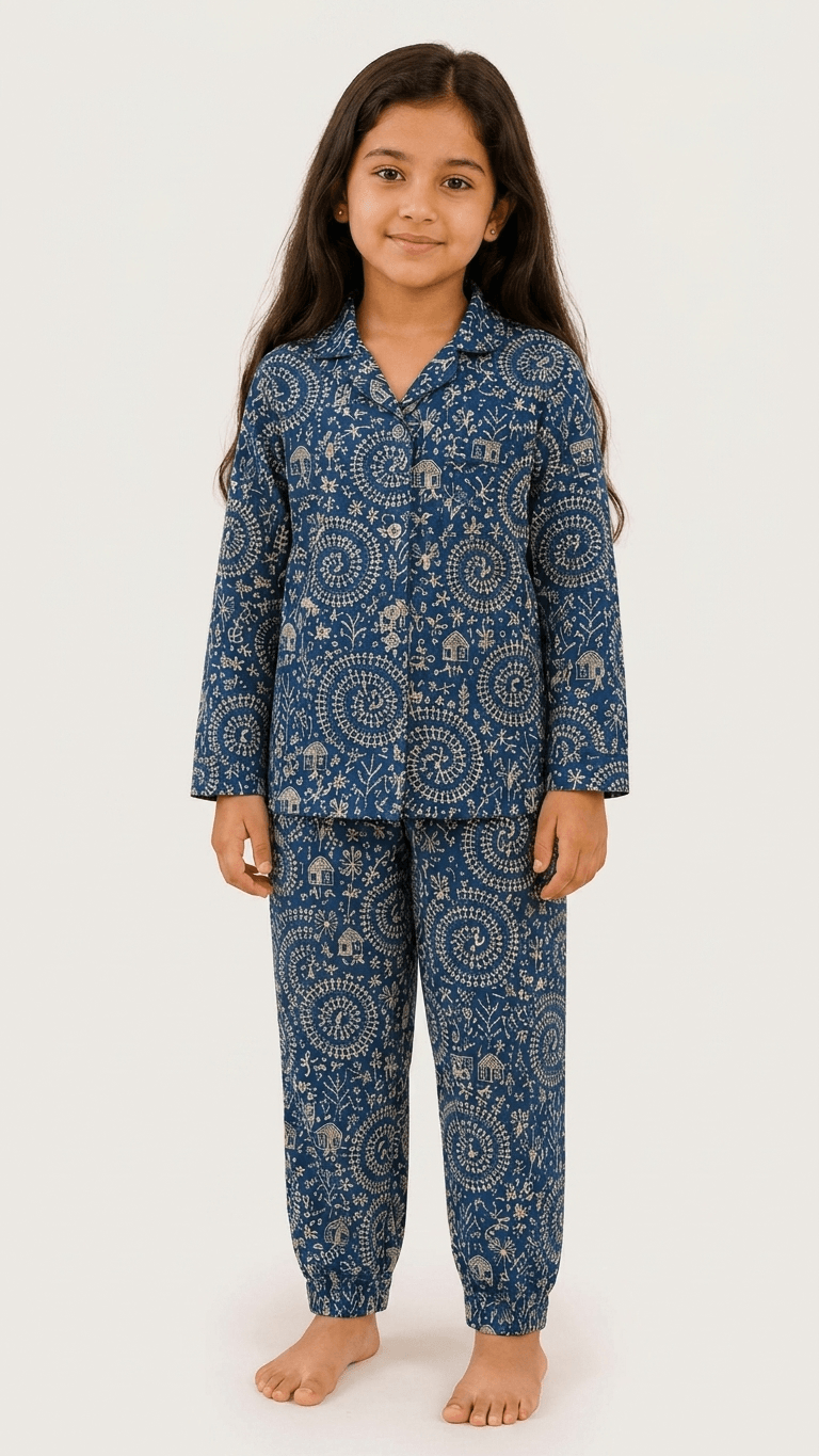 Satrangi House Kids 100% Pure Cotton Woven Full-Sleeve Indigo Blue Warli and Mandala Print Night Suit Pajama Set with Travel Pouch