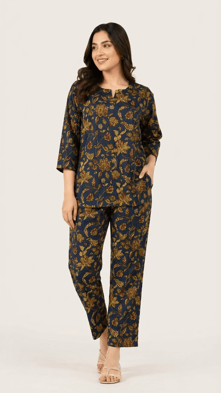 Women's Navy Gold Kalamkari Cotton Lounge Set