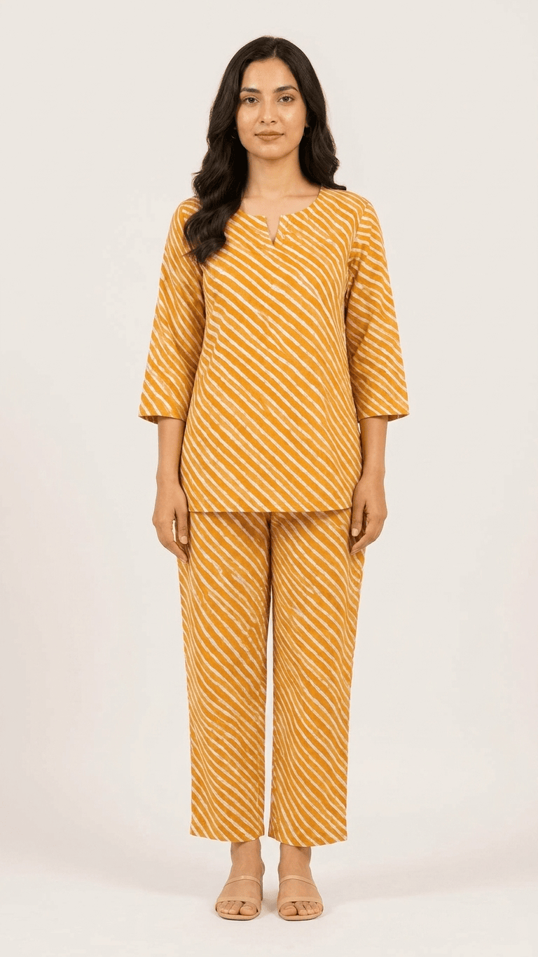 Women's Mustard Leheriya Cotton Lounge Set