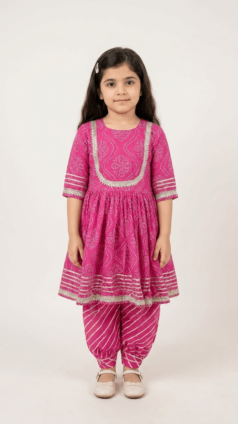 Girls Rani Pink Bandhani Print Kurti Sharara Set | Kids Gota Patti Work Traditional Salwar Kameez Suit
