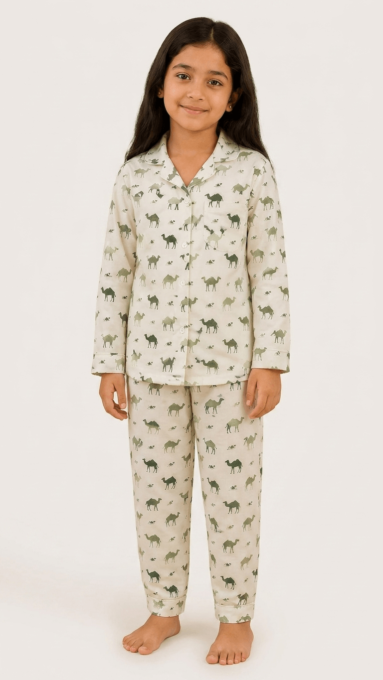 Satrangi House Kids 100% Pure Cotton Woven Full-Sleeve Olive Green Camel Print Night Suit Pajama Set with Travel Pouch