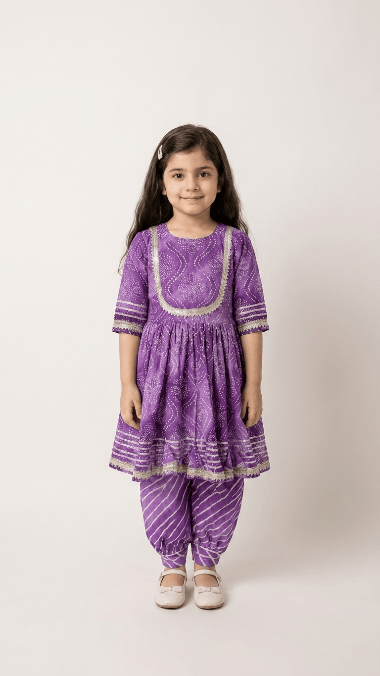 Girls Purple Bandhani Print Flared Kurti Dhoti Set | Kids Gota Patti Traditional Anarkali Salwar Kameez Suit