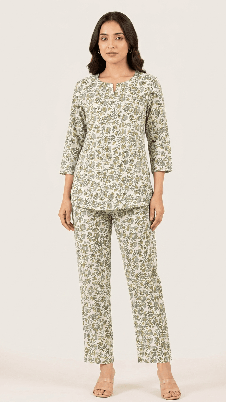 Women's Sage Olive Floral Cotton Lounge Set