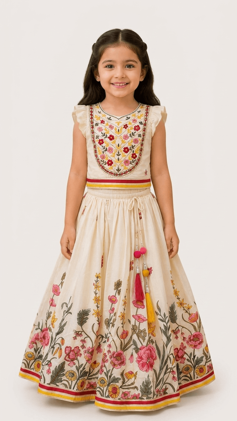 Girls Cream & Pink Floral Embroidered Lehenga Choli Set | Kids Flutter Sleeve Traditional Festive Wear Dress
