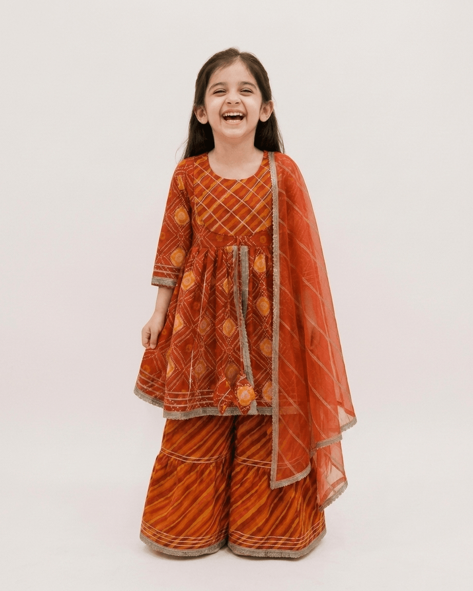 Girls Rust Orange Bandhani Print Peplum Kurti Sharara Set | Kids Gota Patti Traditional Festive Wear Suit with Dupatta