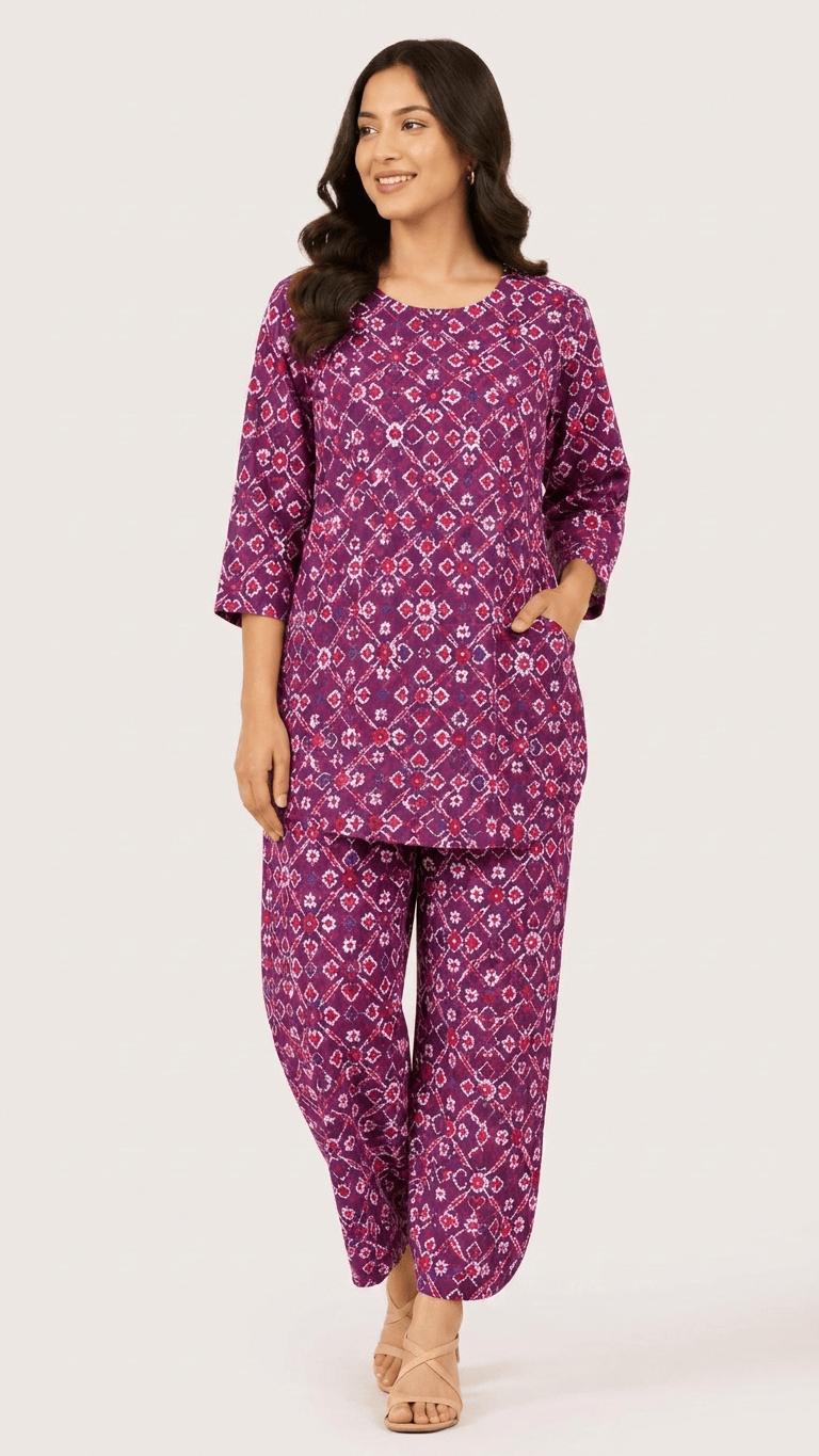 Women's Plum Purple Ikat Cotton Lounge Set