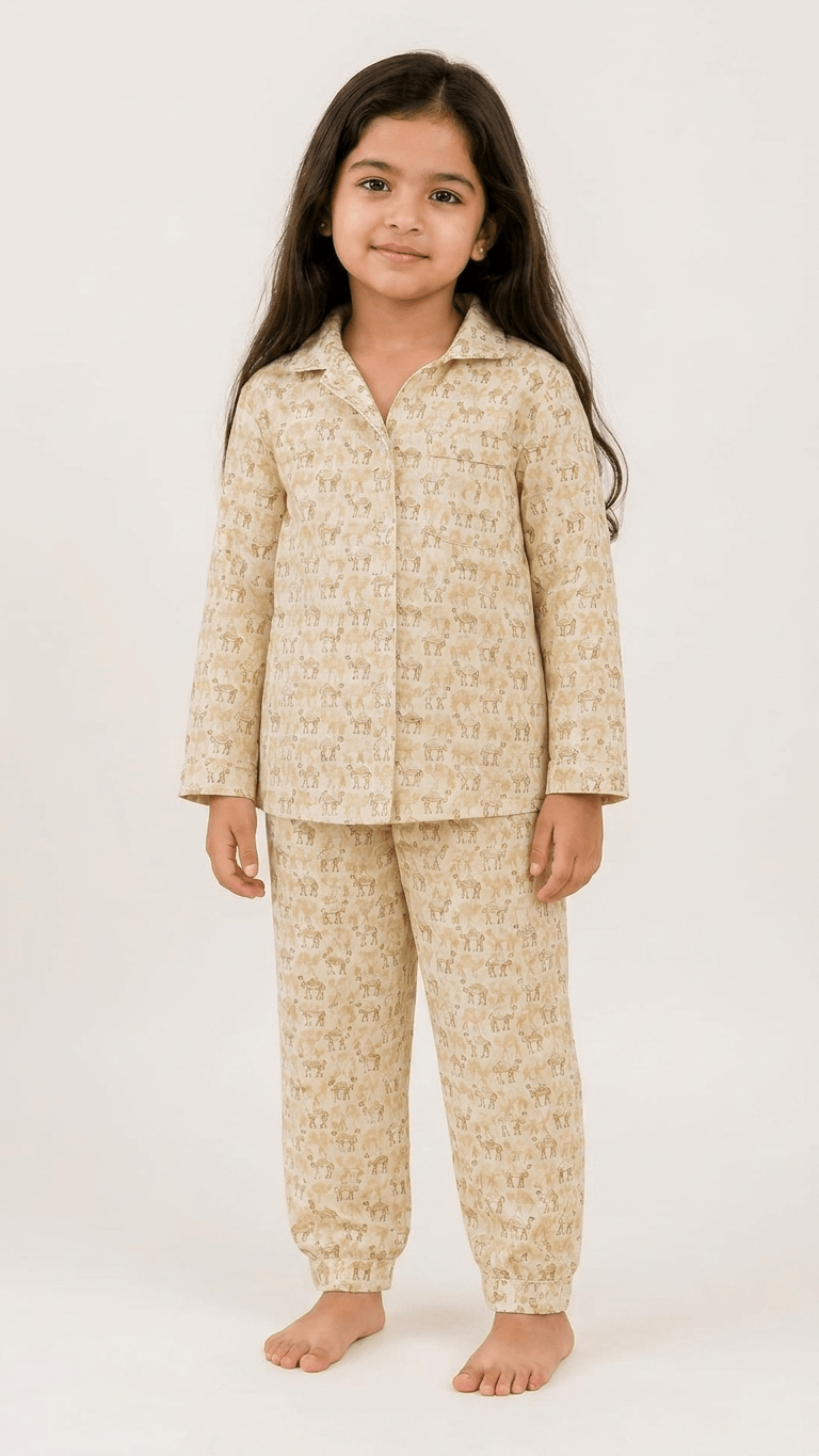 Satrangi House Unisex Kids 100% Cotton Woven Full-Sleeve Camel Print Night Suit Pajama Set with Travel Pouch - Beige