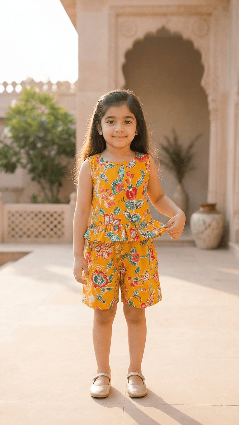 Mustard Chintz Peplum Shorts Set