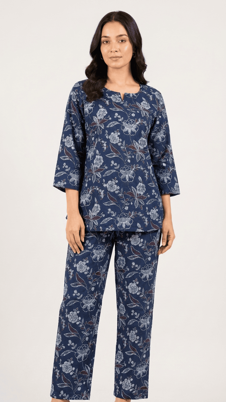 Women's Navy Blossom Cotton Lounge Set