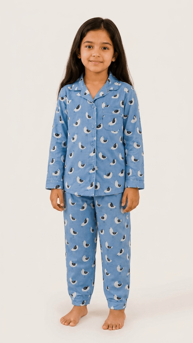 Satrangi House Kids 100% Pure Cotton Woven Full-Sleeve Slate Blue Bird Print Night Suit Pajama Set with Travel Pouch