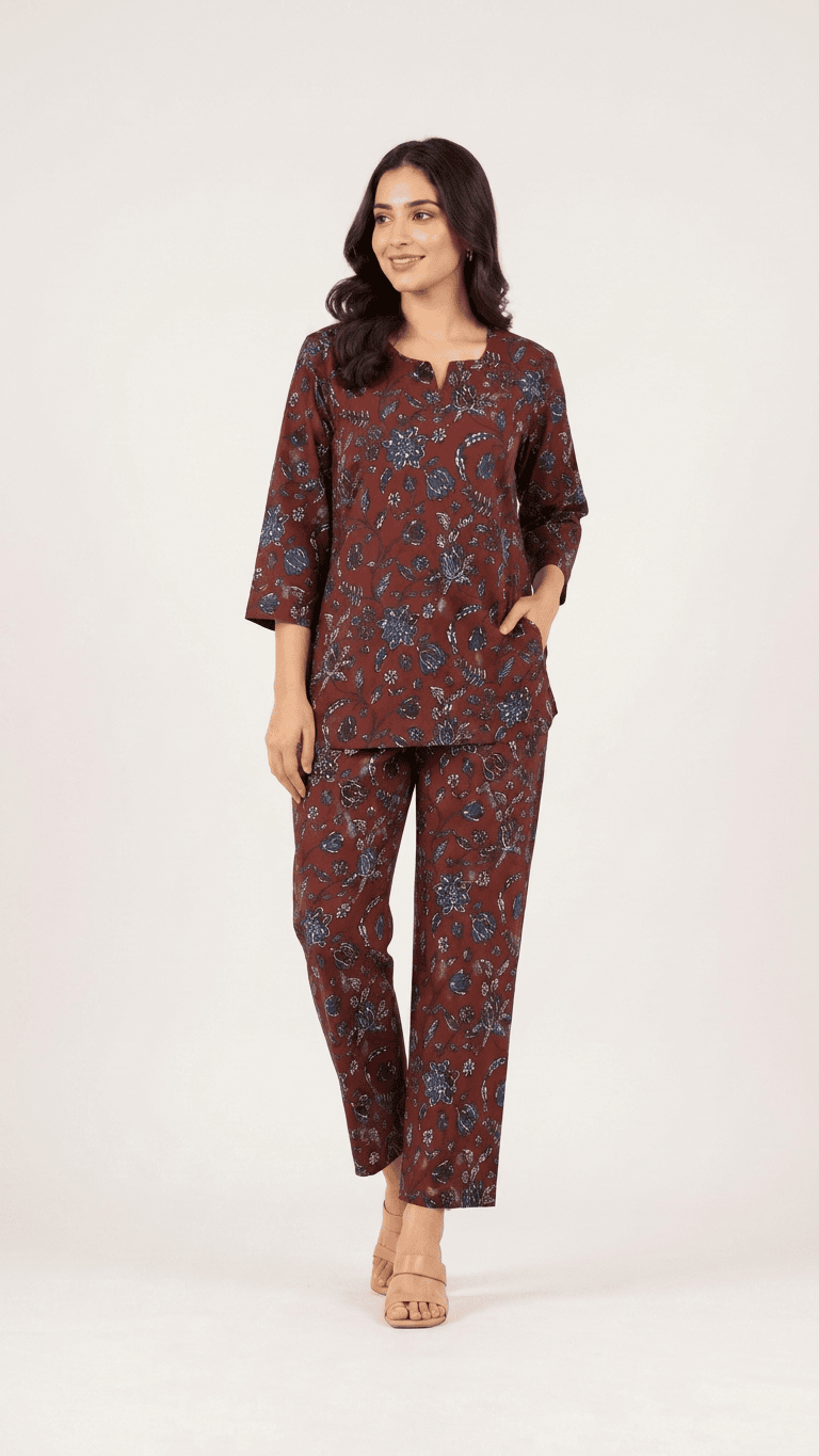 Women's Rust Maroon Ajrakh Cotton Lounge Set
