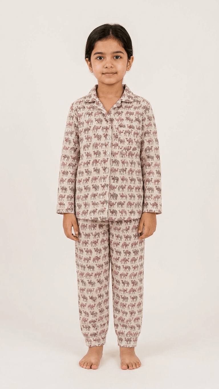 satrangi house Kids 100% Pure Cotton Woven Full-Sleeve Mauve Camel Print Night Suit Pajama Set with Travel Pouch