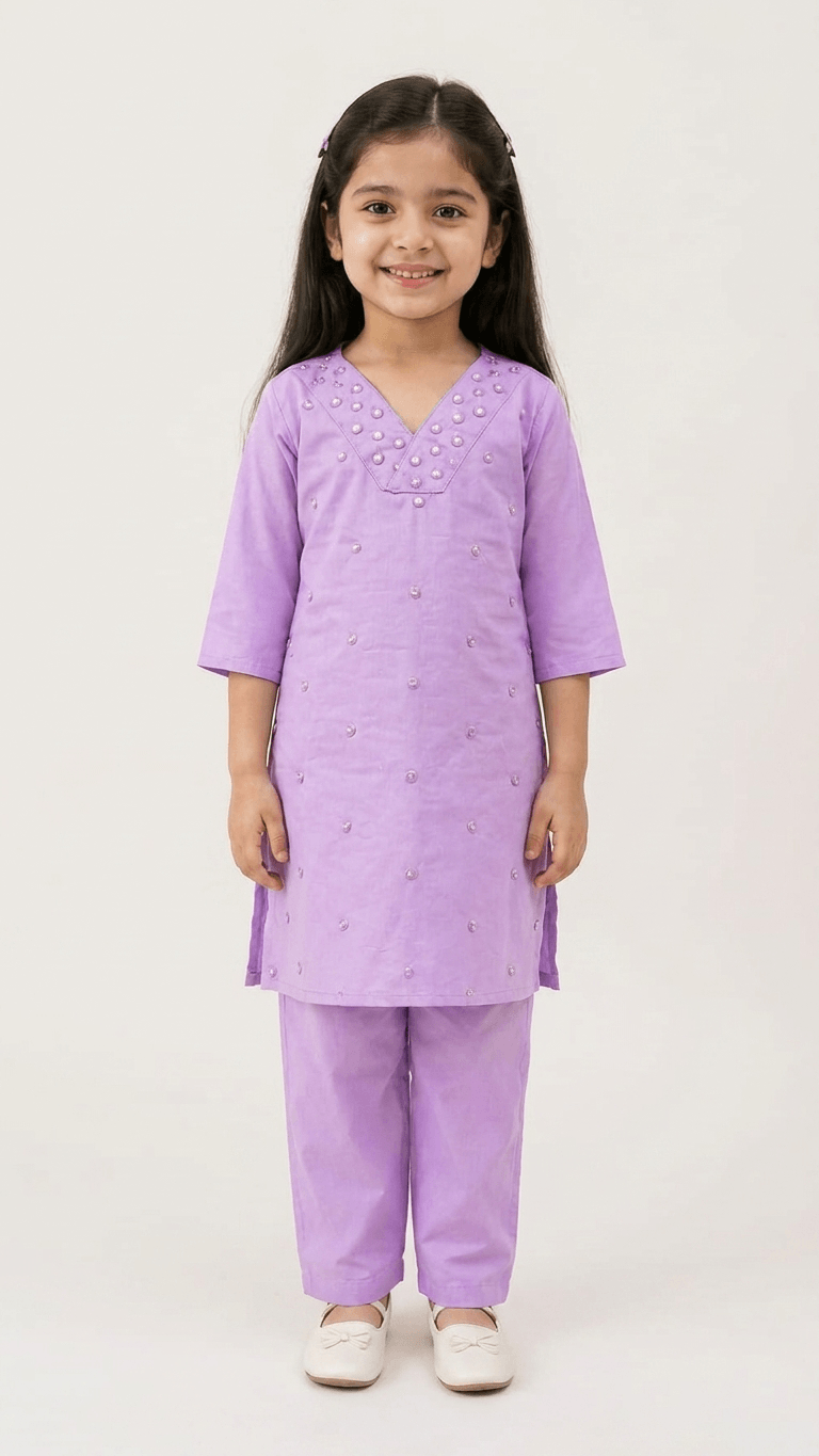Girls Lavender Mirror Work Kurta Pant Set | Kids Traditional Cotton Straight Kurti Trousers Festive Wear
