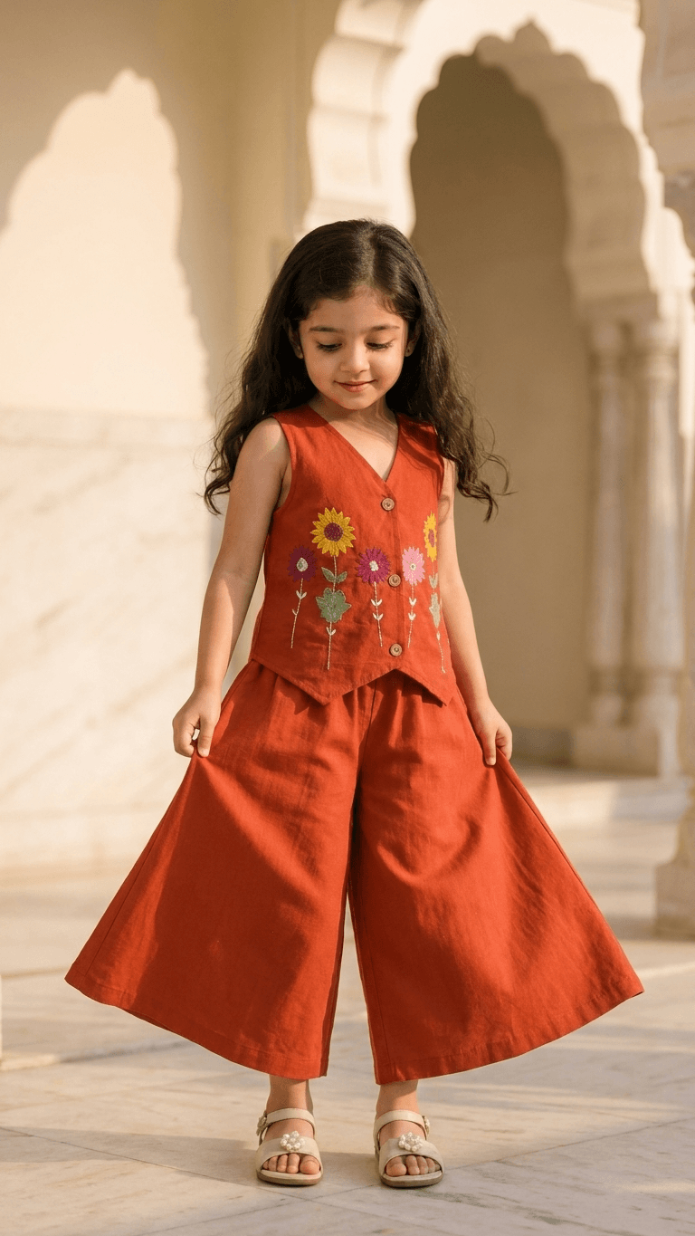 Girls Rust Orange Embroidered Waistcoat and Palazzo Co-Ord Set | Kids Indo-Western Casual Festive Fusion Dress