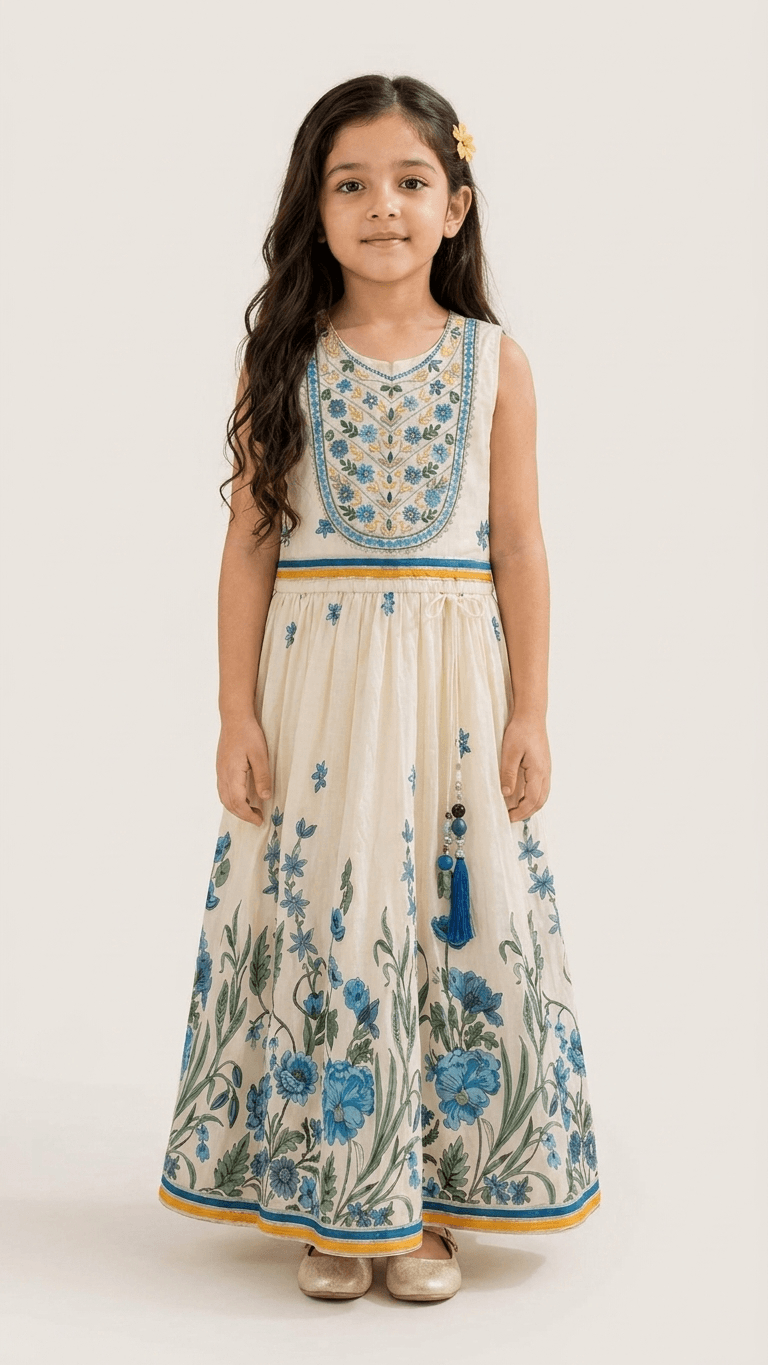 Girls Cream & Blue Floral Embroidered Ethnic Lehenga Gown | Kids Traditional Cotton Festive Wear Dress