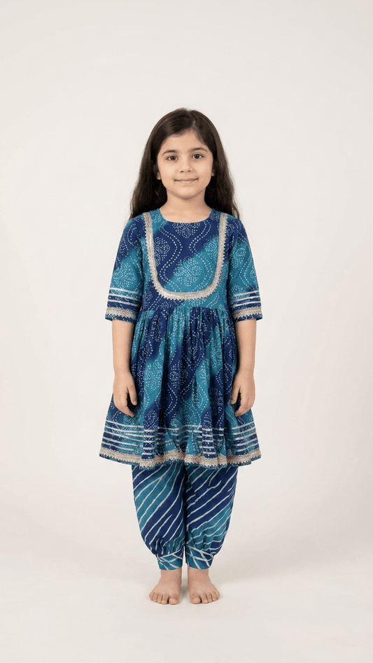 Girls Teal Blue Bandhani Print Kurti Sharara Set | Kids Gota Patti Work Traditional Salwar Kameez Suit