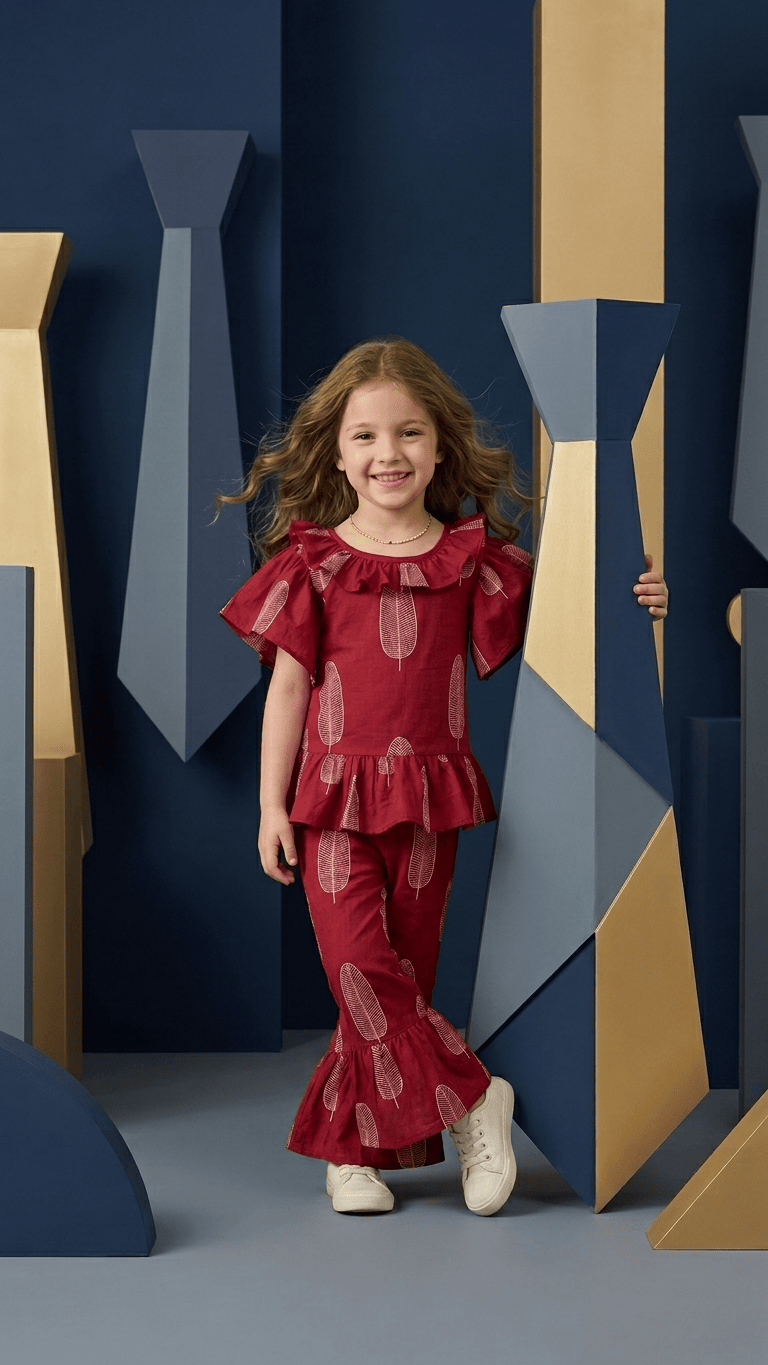 Maroon Leaf Frilled Peplum & Ruffle Pant Set