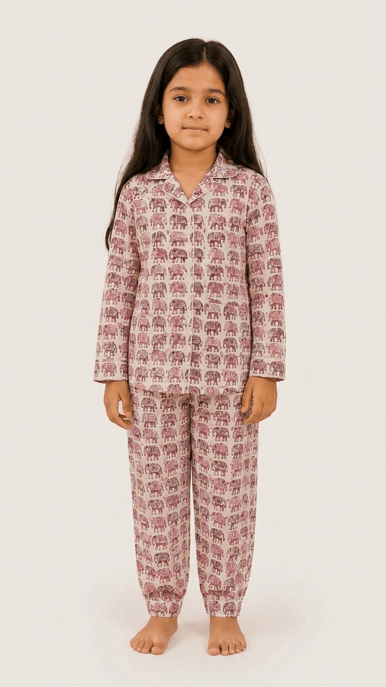 Satrangi House Kids 100% Pure Cotton Woven Full-Sleeve Pink Elephant Print Night Suit Pajama Set with Travel Pouch