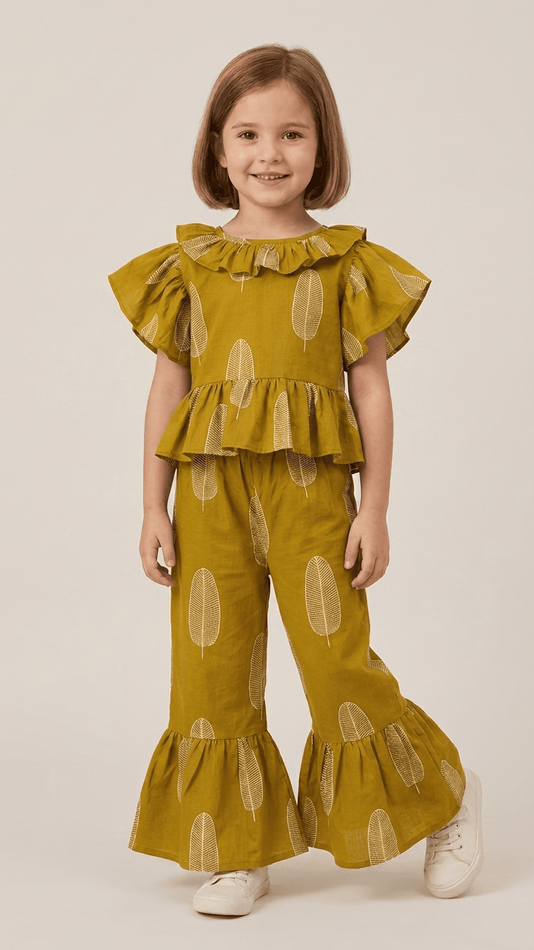 Mustard Leaf Frilled Peplum & Ruffle Pant Set