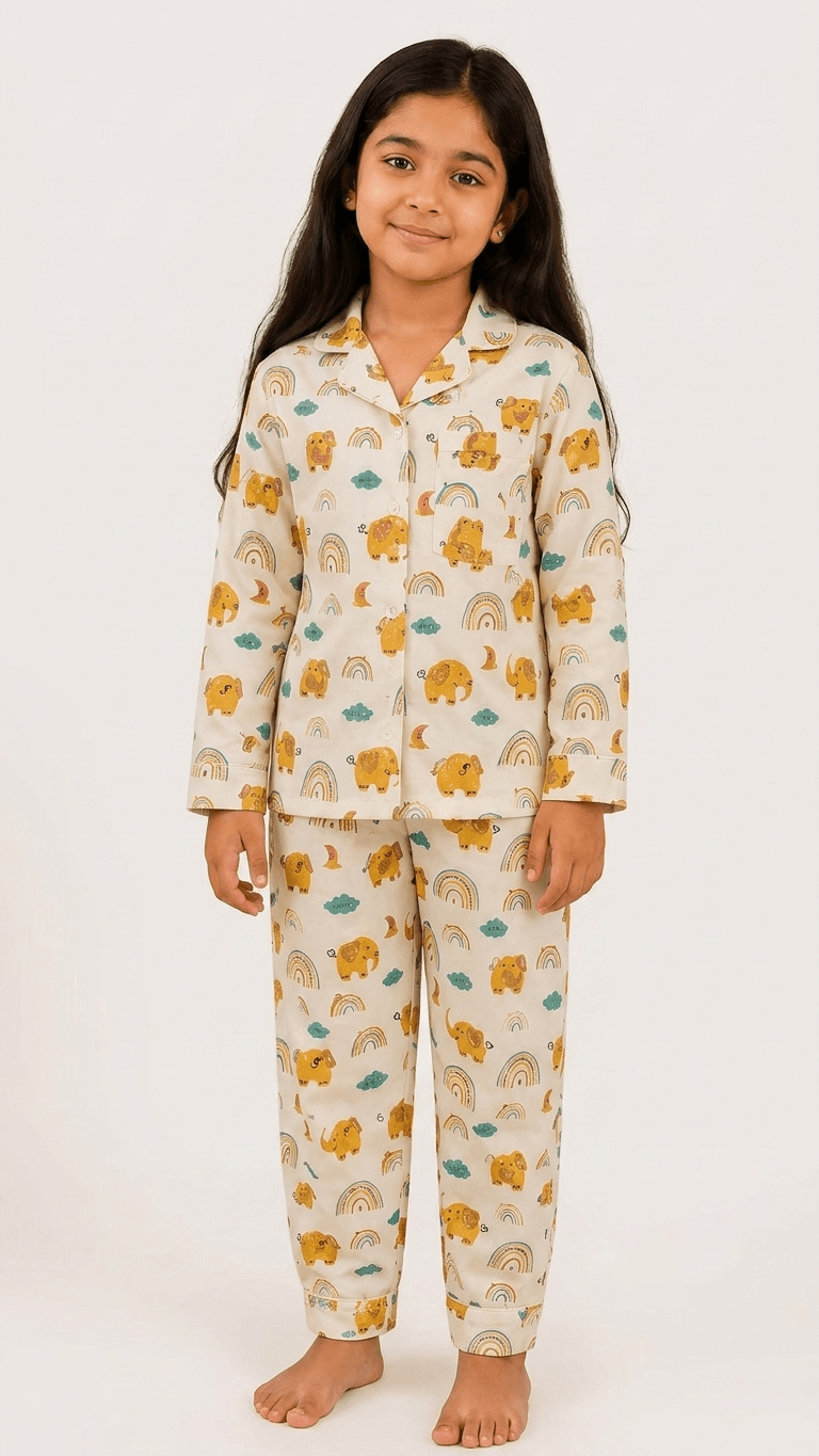 Satrangi House Kids 100% Pure Cotton Woven Full-Sleeve Yellow Elephant and Rainbow Print Night Suit Pajama Set with Travel Pouch