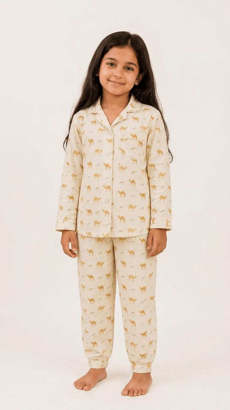 Satrangi House Kids 100% Pure Cotton Woven Full-Sleeve Mustard Yellow Camel Print Night Suit Pajama Set with Travel Pouch