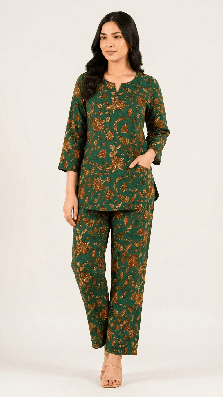 Women's Bottle Green Blossom Cotton Lounge Set
