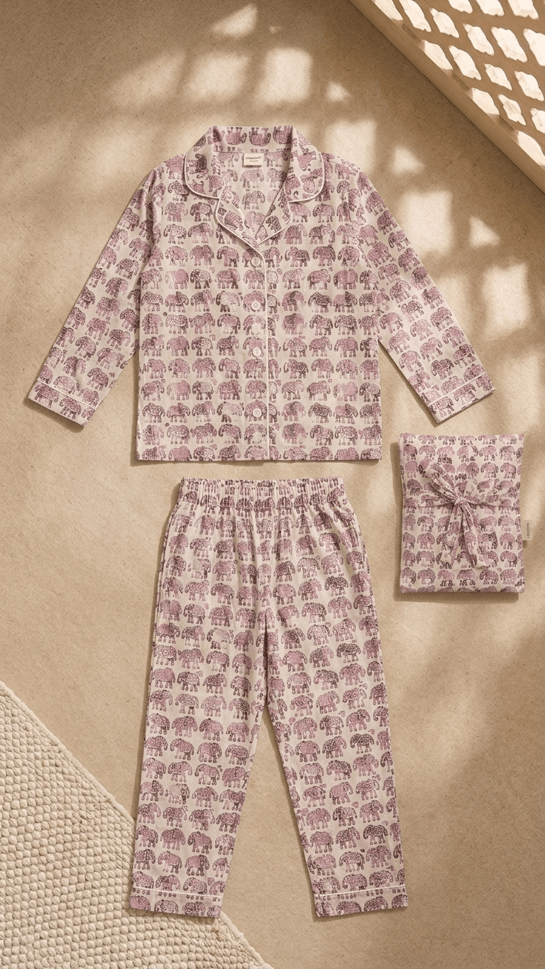 Satrangi House Kids 100% Pure Cotton Woven Full-Sleeve Elephant Print Night Suit Pajama Set with Travel Pouch - Pink