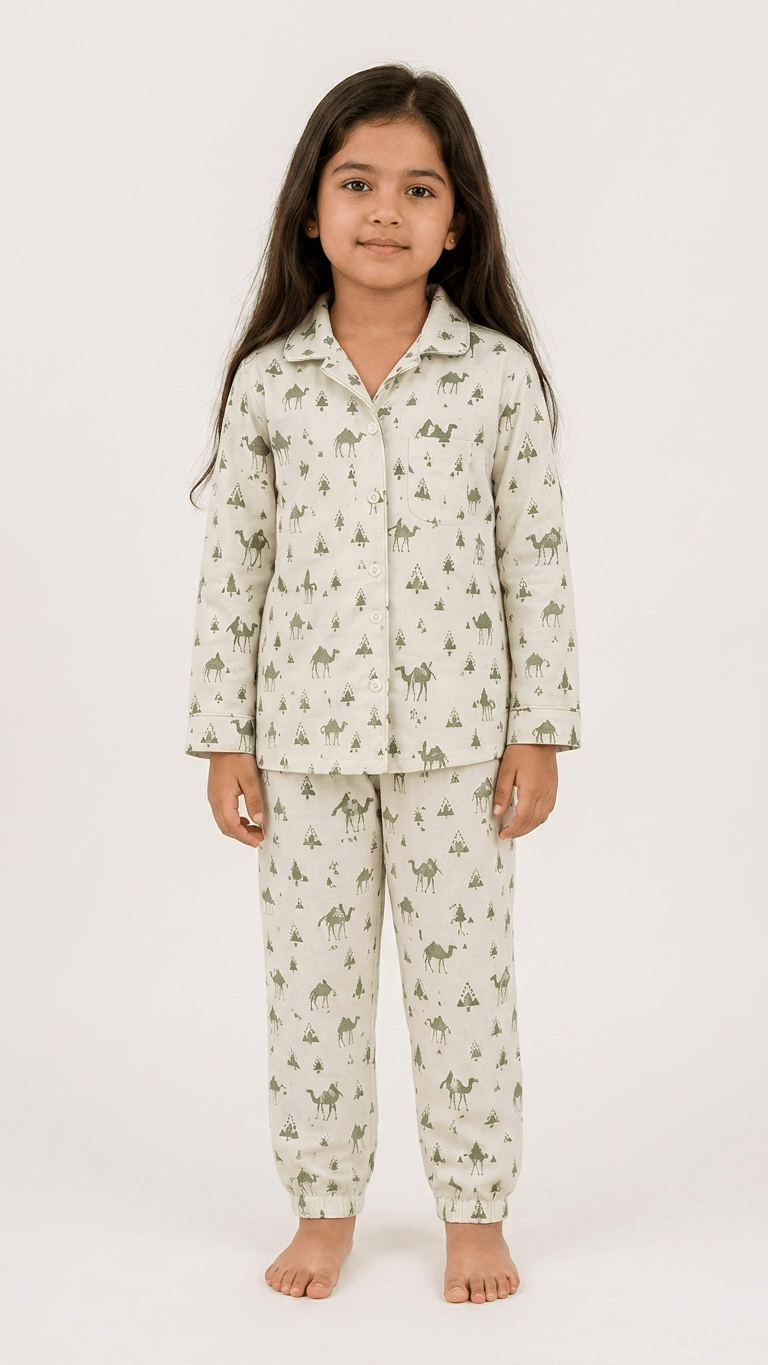 Satrangi House Kids 100% Pure Cotton Woven Full-Sleeve Sage Green Camel Print Night Suit Pajama Set with Travel Pouch