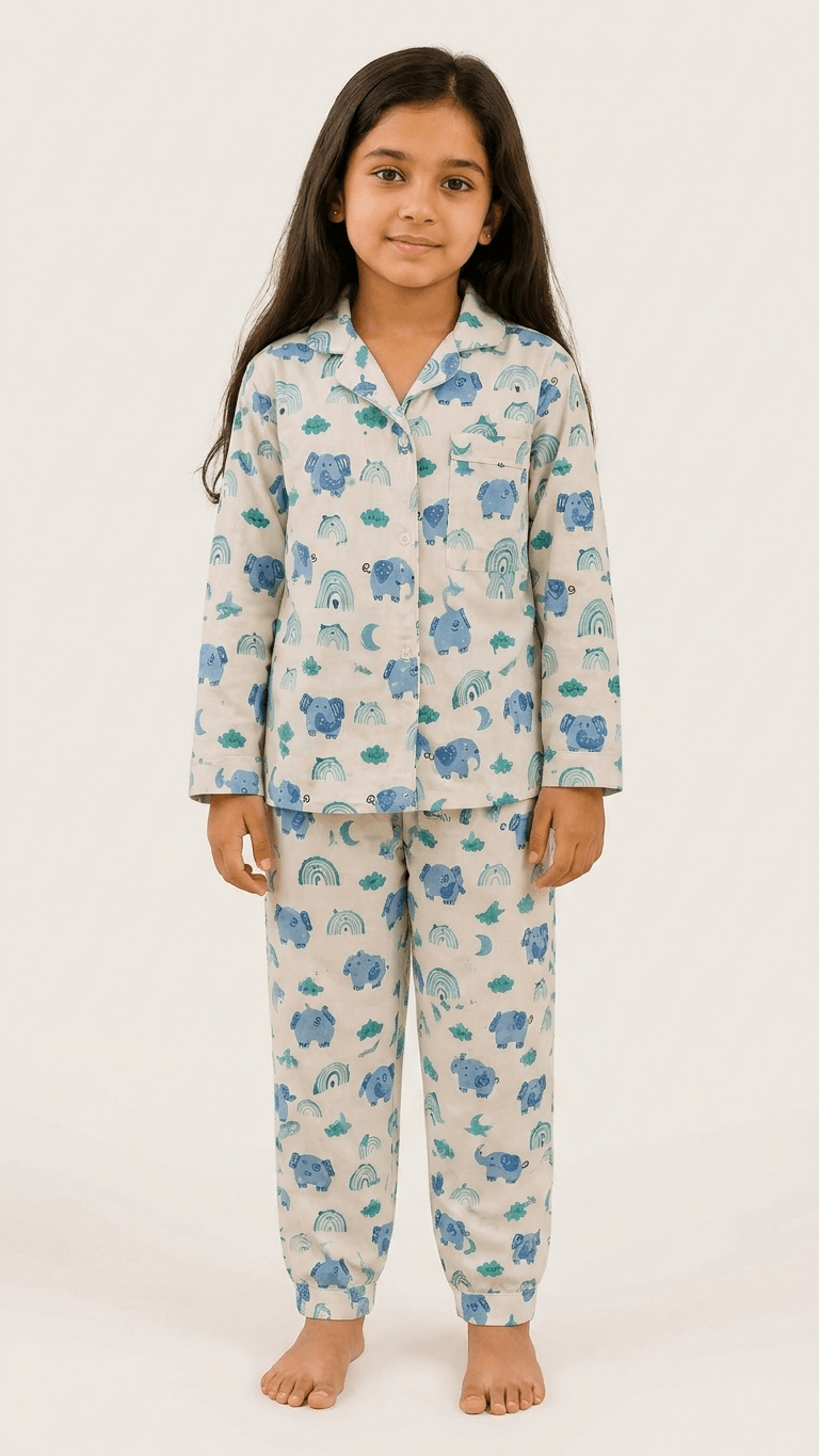 Satrangi House  Kids 100% Pure Cotton Woven Full-Sleeve Blue Elephant and Rainbow Print Night Suit Pajama Set with Travel Pouch