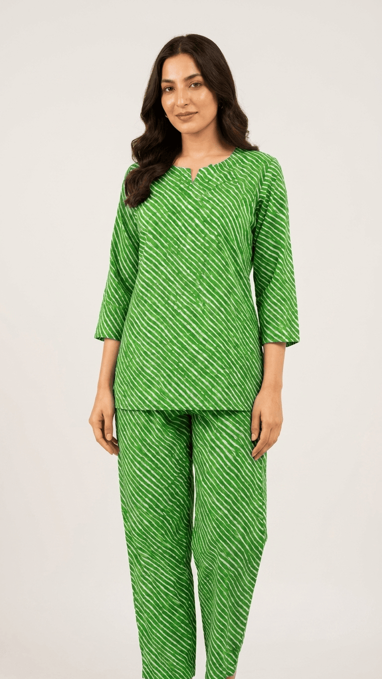 Women's Lime Green Leheriya Cotton Lounge Set