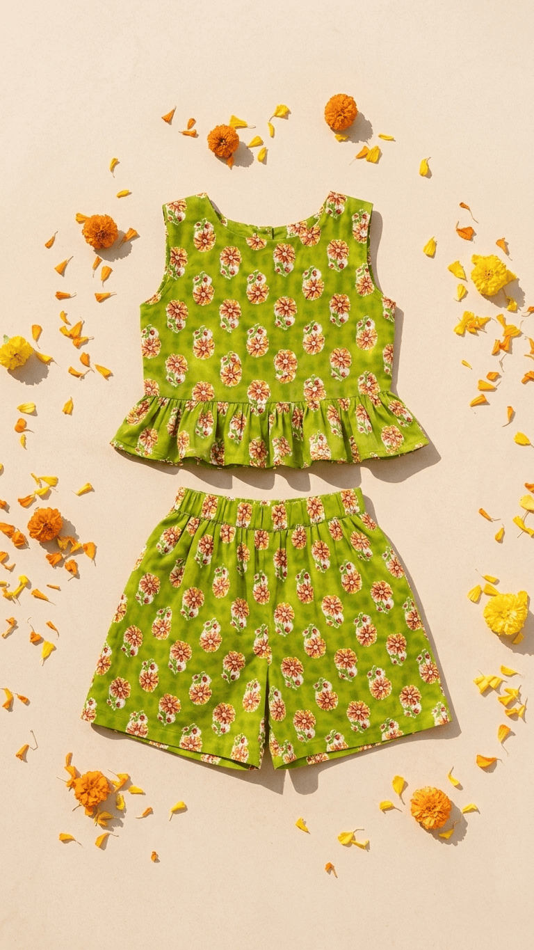 Lime Green Boota Frill Top & Shorts Set