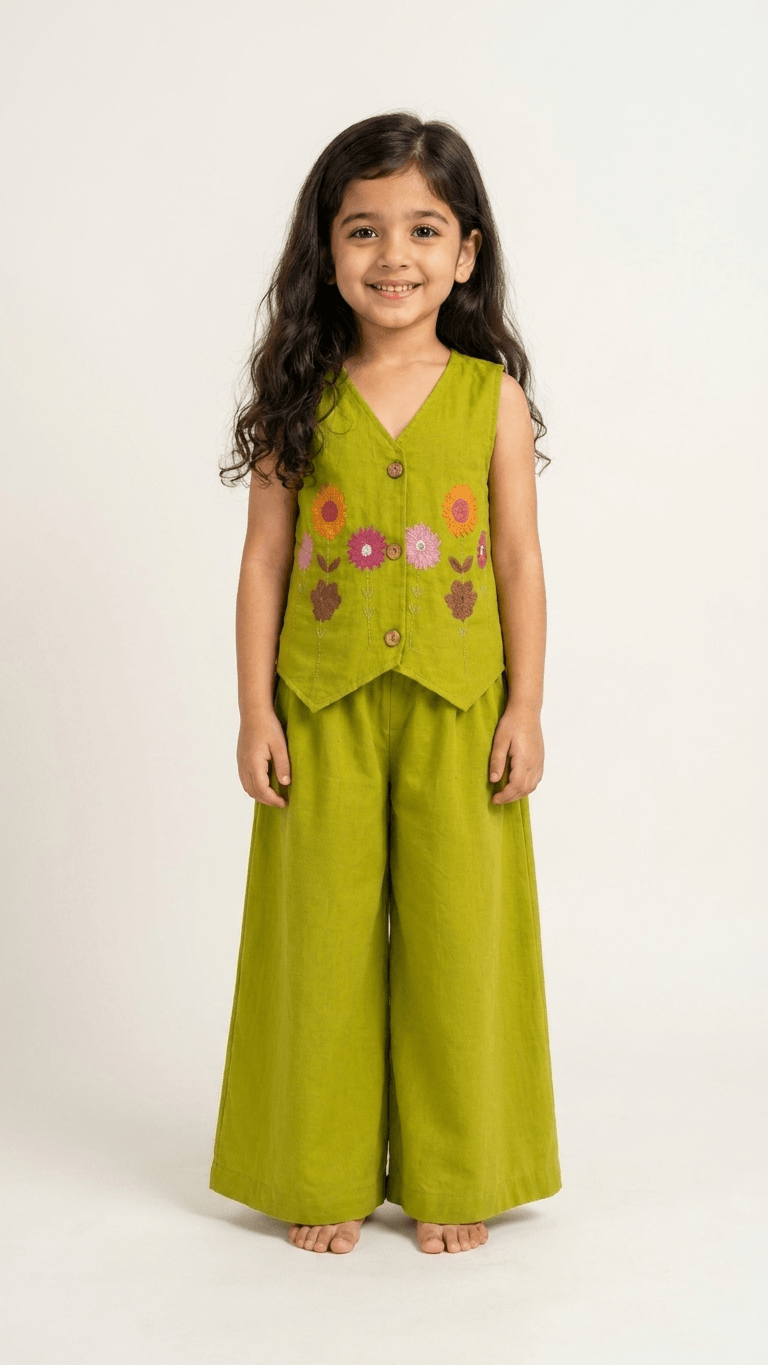 Girls Lime Green Embroidered Waistcoat and Palazzo Co-Ord Set | Kids Indo-Western Casual Festive Fusion Dress