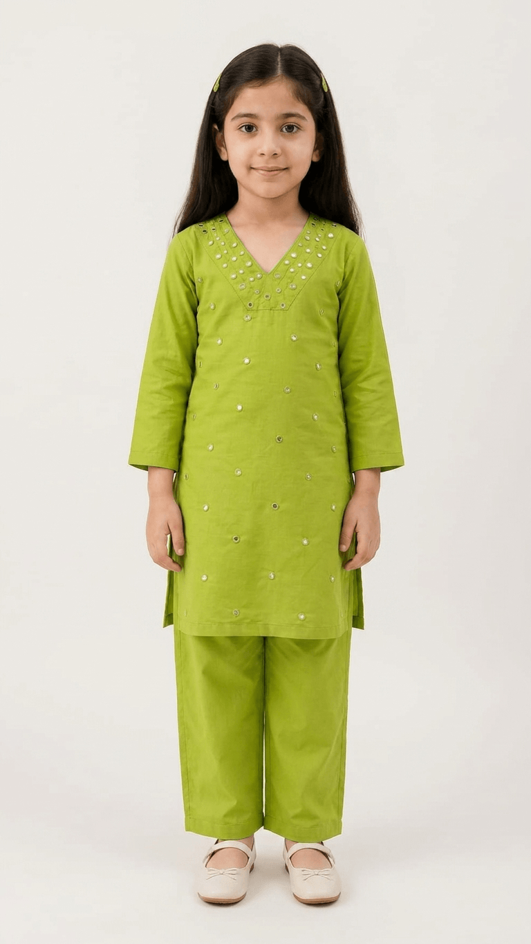Girls Lime Green Mirror Work Kurta Pant Set | Kids Traditional Cotton Straight Kurti Trousers Festive Wear