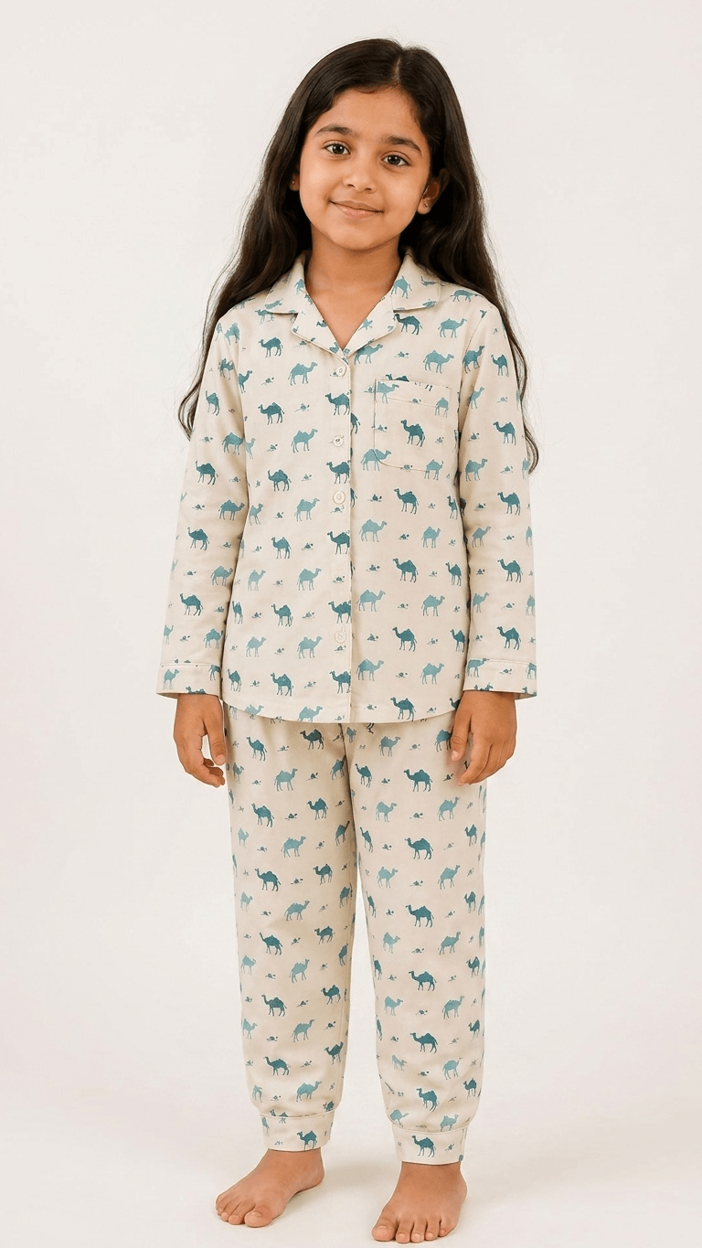 satrangi house Kids 100% Pure Cotton Woven Full-Sleeve Dark Teal Camel Print Night Suit Pajama Set with Travel Pouch
