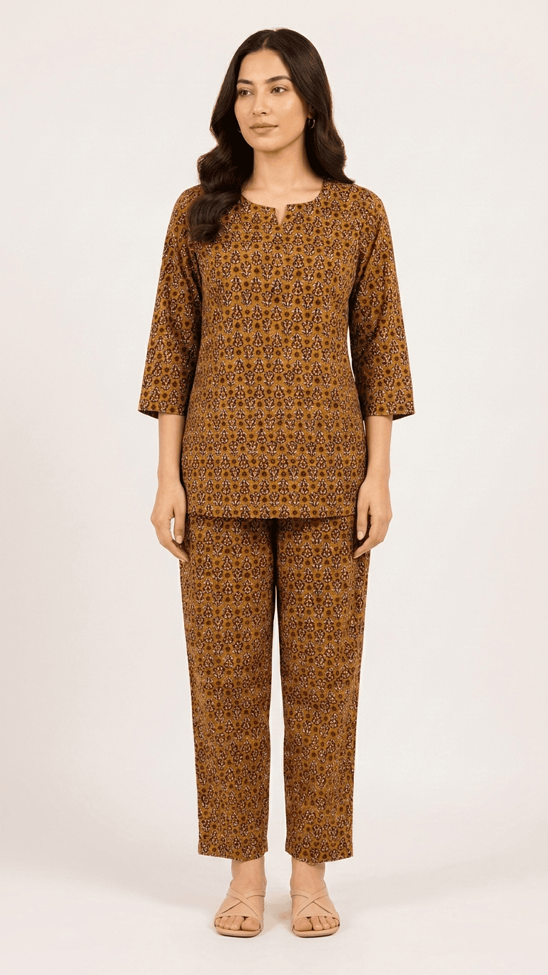 Women's Mustard Ocher Ajrakh Cotton Lounge Set