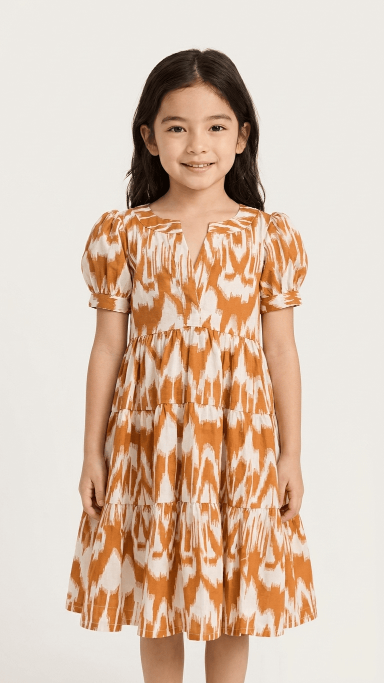 Tan Orange Ikat Tiered Cotton Frock