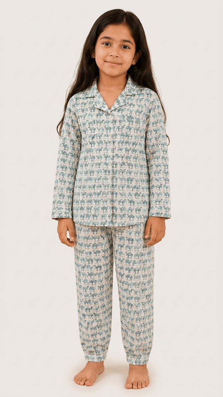 Satrangi House Kids 100% Pure Cotton Woven Full-Sleeve Teal Camel Print Night Suit Pajama Set with Travel Pouch