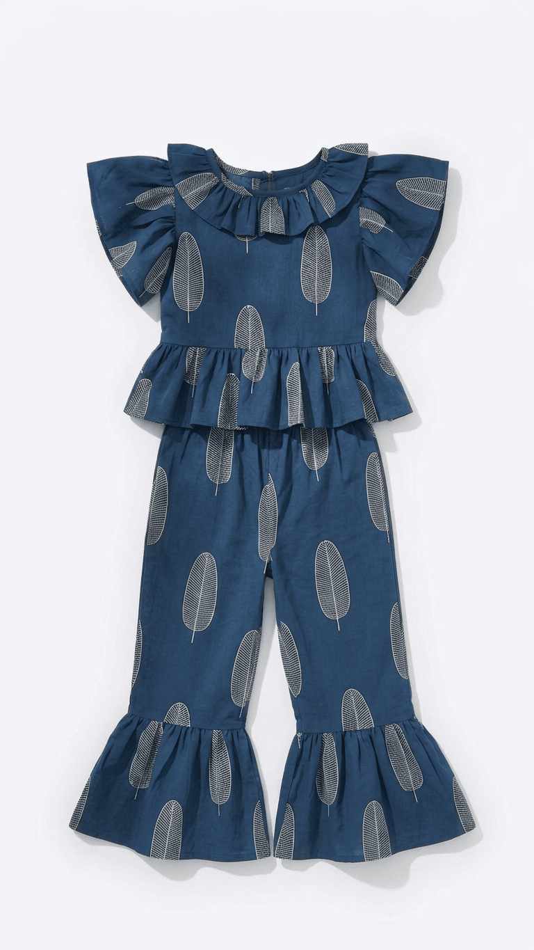 Indigo Leaf Frilled Peplum & Ruffle Pant Set